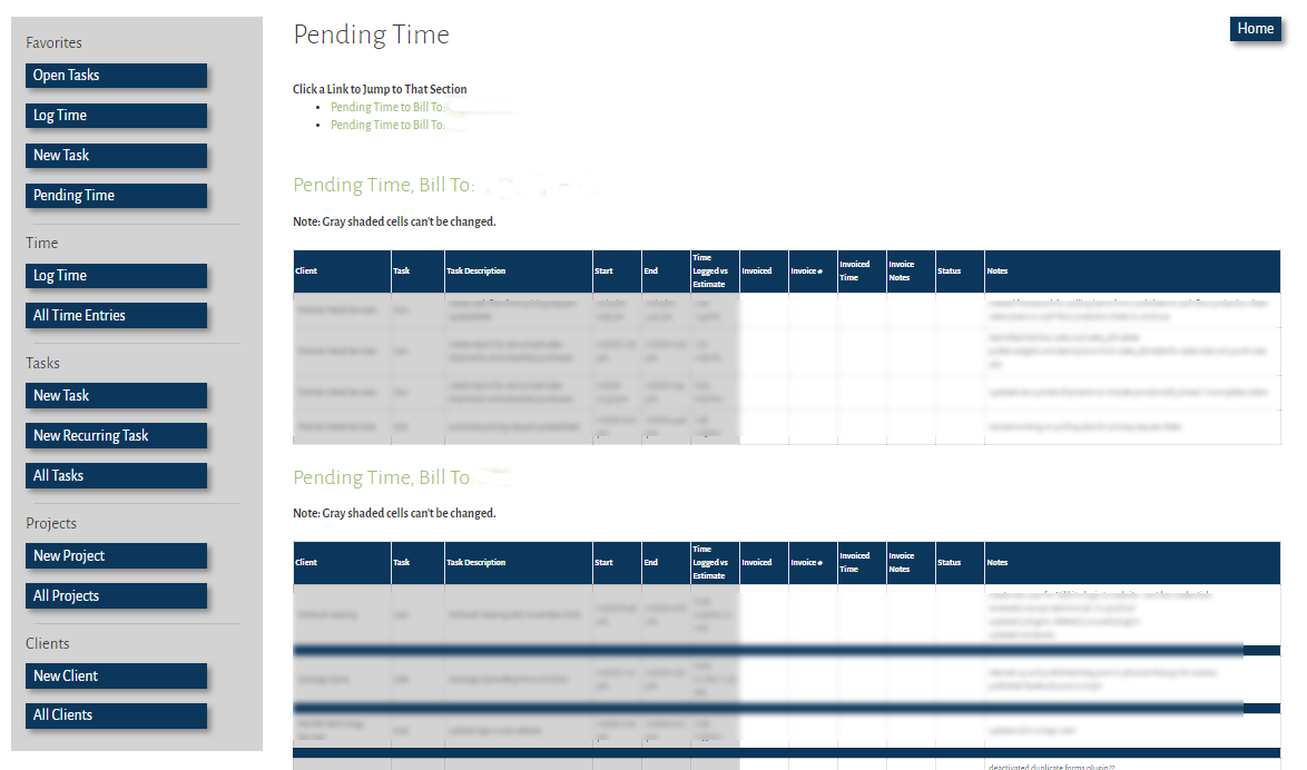 Easily view time that hasn't been invoiced yet. Time is sorted by billable party with quick links to each section.