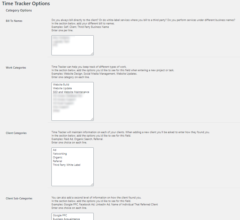 Admin Section - Create your own work categories, client referral names, and billable parties.