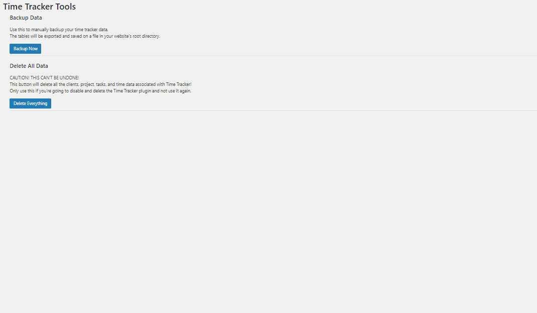 Admin Options - Backup your time data or delete all your data at will.