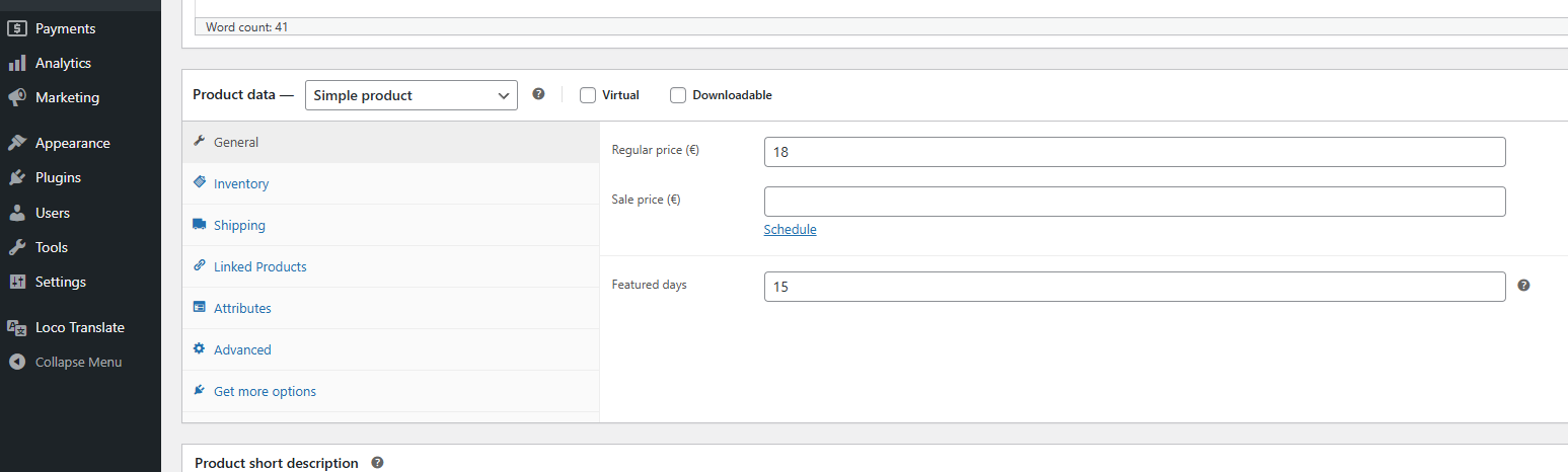 The General tab inside the product edit page, showing the individual override field.