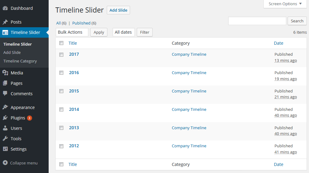 Timeline and History Backend Listing Page