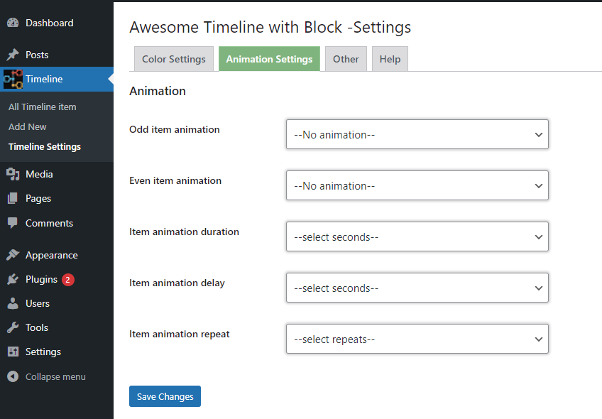 Timeline animation customization settings