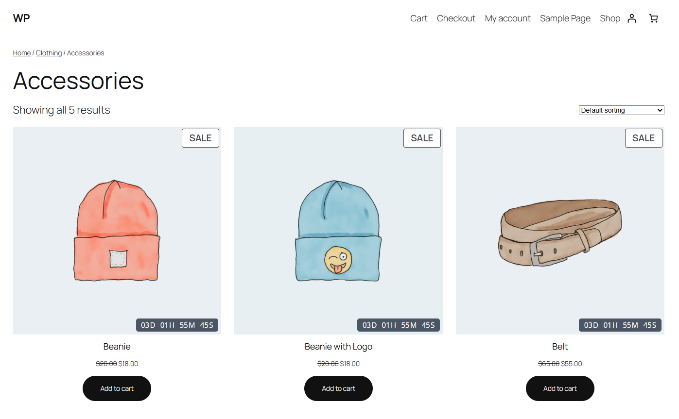 Product archive countdown timers on WooCommerce product cards.