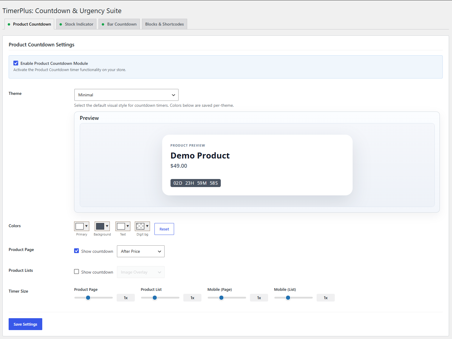Product Countdown settings with live preview and display controls.