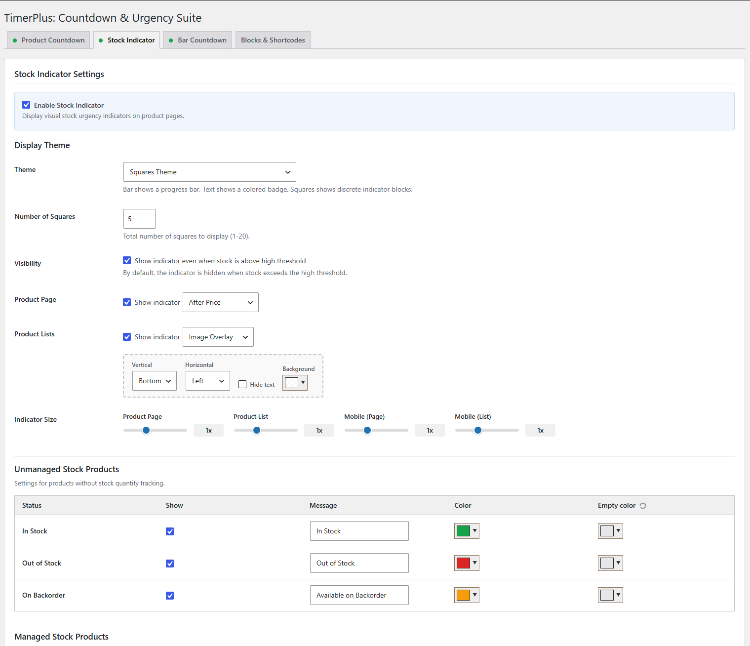 Stock Indicator settings with product page and loop display options.