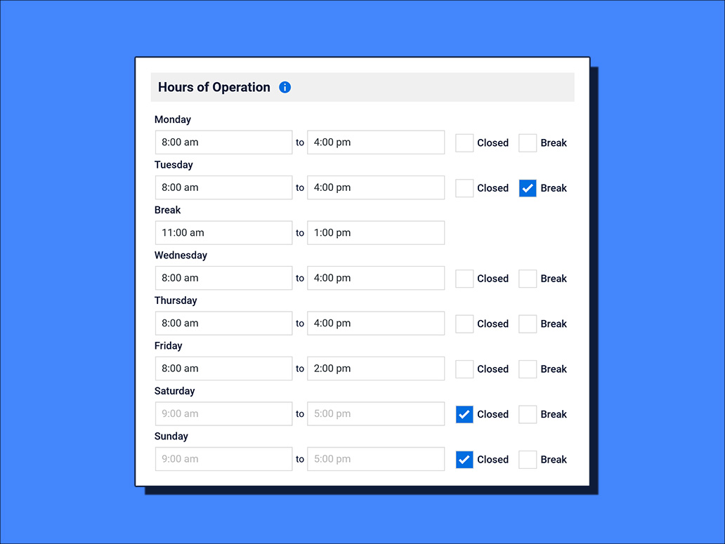 Set your business hours and add break times