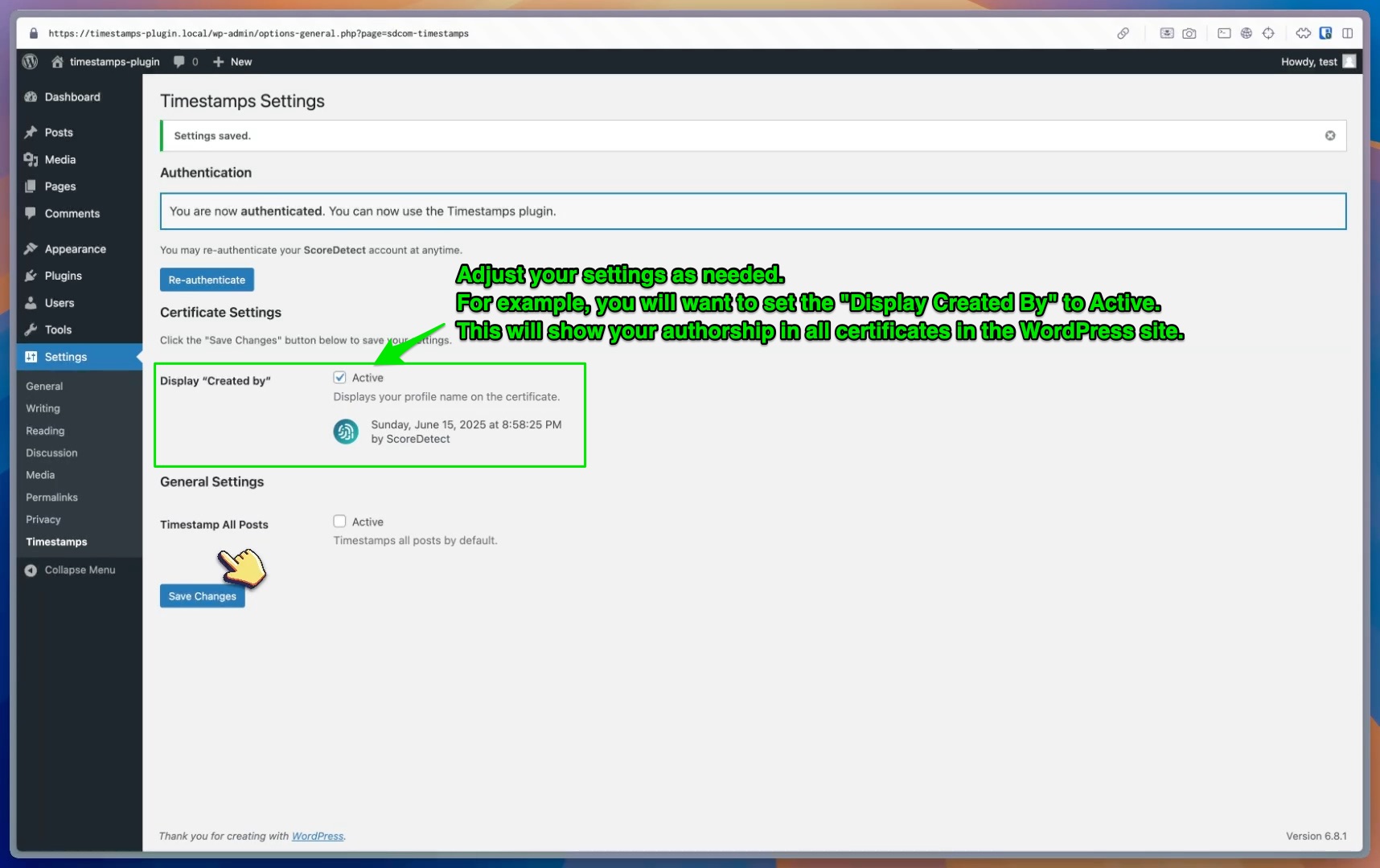 Create a new post, or Edit an existing post. Make sure "Enable timestamps for this post" is Active. Wait 3-6 seconds. And you will see a popup appear. Your certificate has been created successfully!