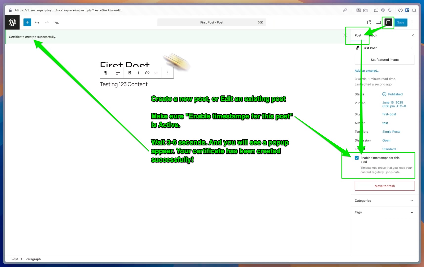 To display your hyperlinked Timestamp for the post, you can either use the [timestamps] shortcode. Or, use the "Timestamps" block. Both will display your Timestamp.