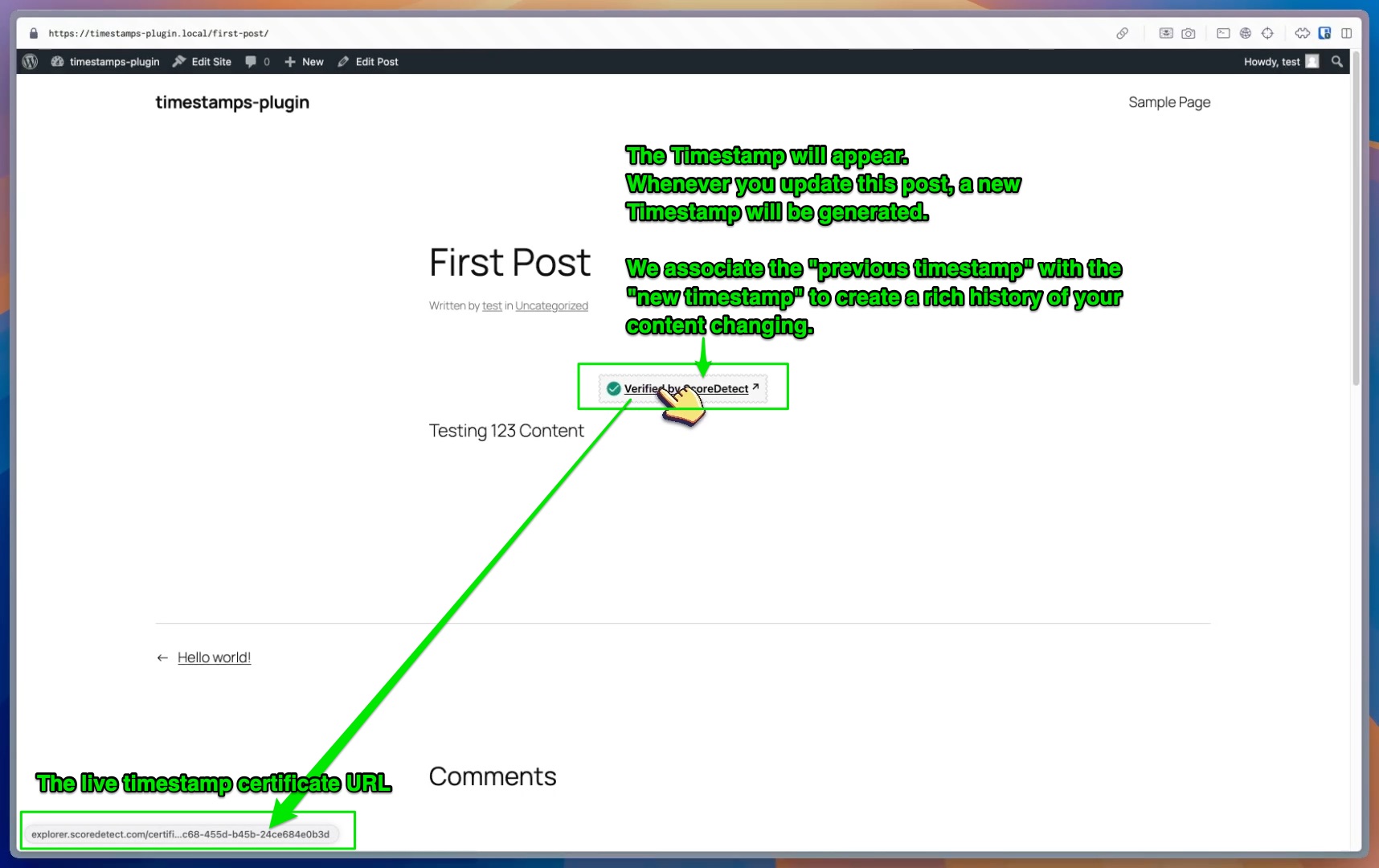 The version here associates this timestamp certificate with a previous timestamp certificate. All the information here is additional proof of your 1 timestamp. We store this in the blockchain so it is publicly available and secure. Only the "Hash" of the content is stored. Never the content itself, for security purposes.