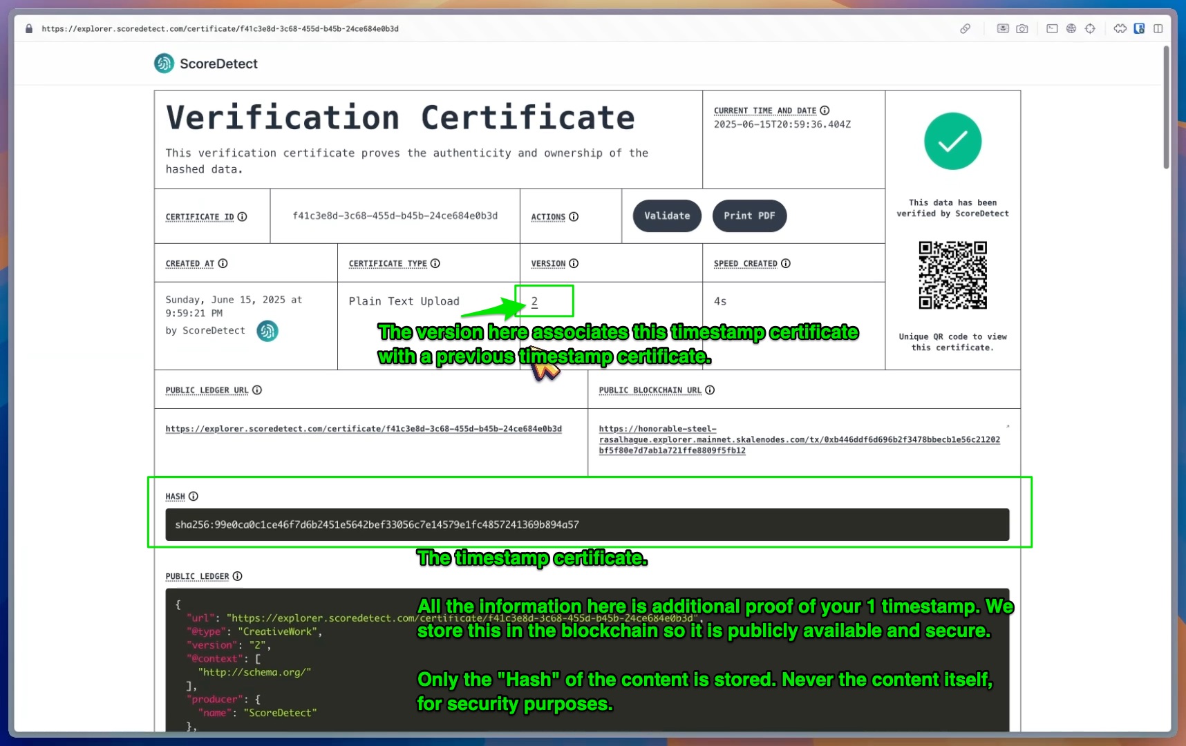 The post we created earlier in the demo, gets referenced in the blockchain too. This makes it extremely difficult for someone else to claim the WordPress content as their own!