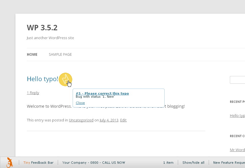 You and your customer can create markers all over your site(s): just point & click from within your browser. This position has been marked in order to have the typo corrected.