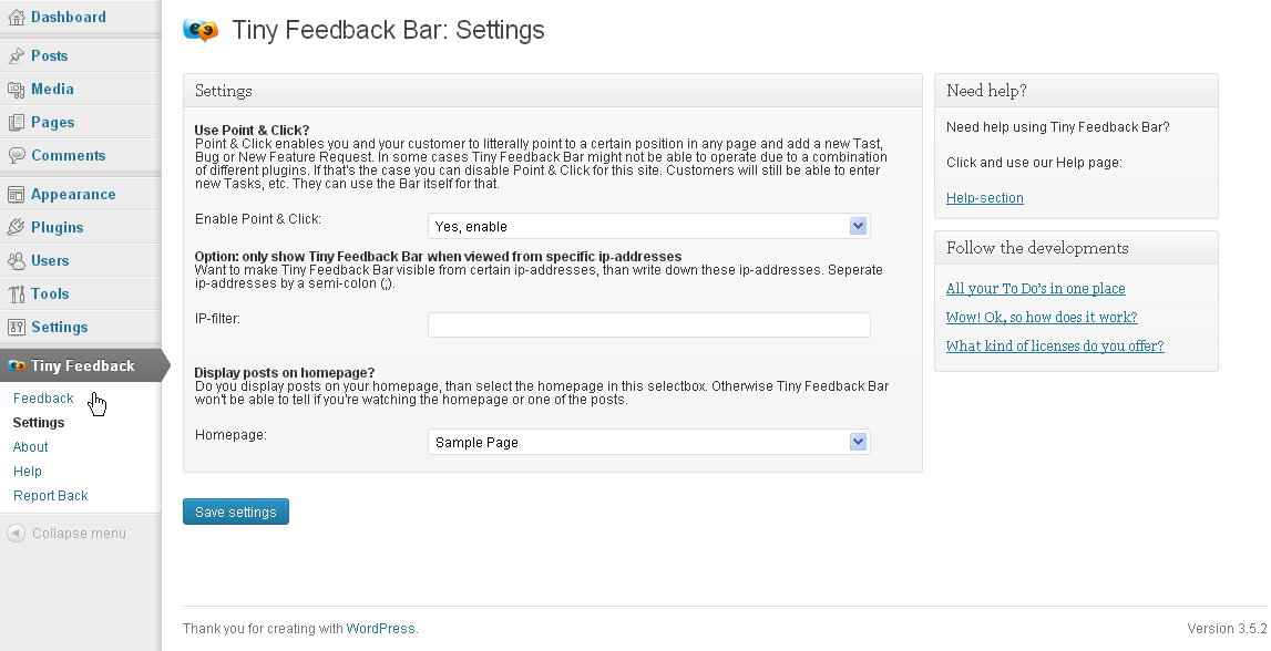 Settings page.