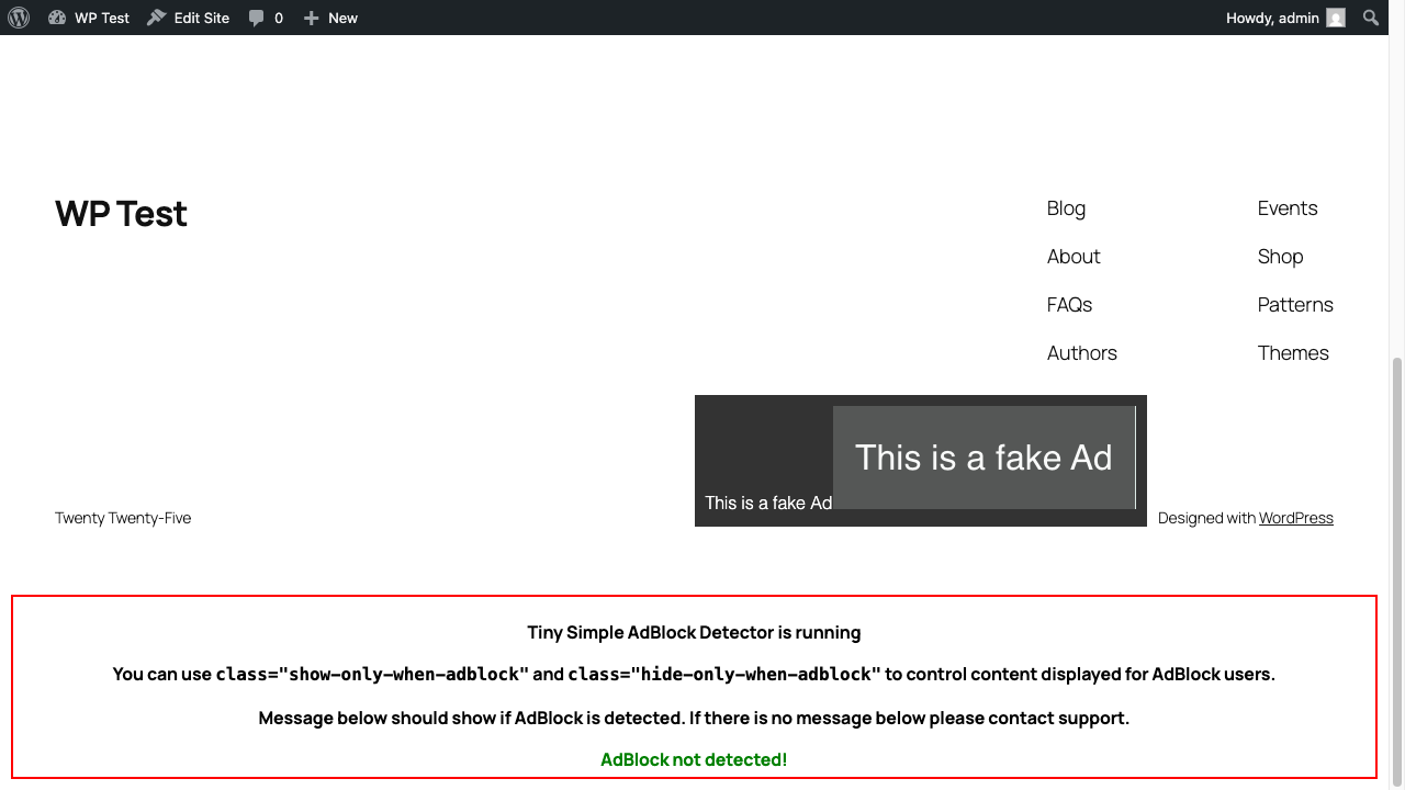 Built-in debug mode showing real-time ad blocker detection on the frontend