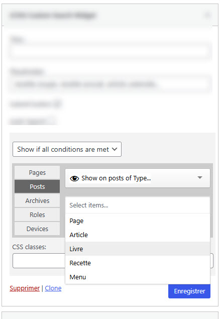 Condition selector showing single post type (gray color theme)