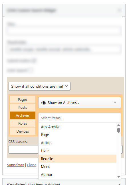 Condition selector showing archive pages (orange color theme)
