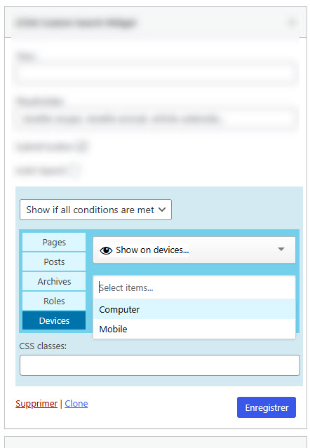 Condition selector showing device types