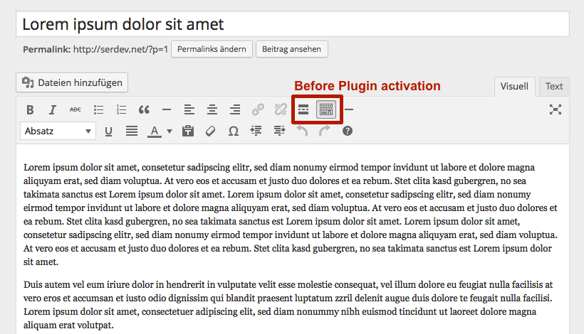 The standard TinyMCE before you have installed and activated the TinyMCE Page Break Button