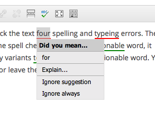 Example of TinyMCE Spellcheck behavior