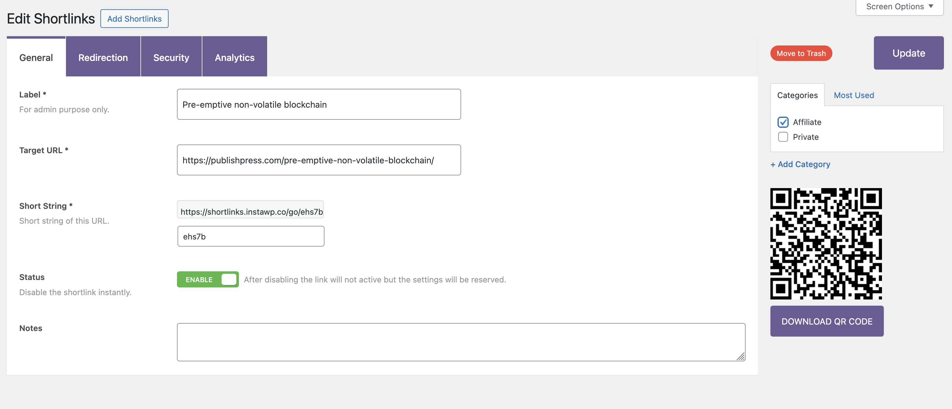 The Shortlinks screen allows you to quickly edit any shortlink and download a QR code