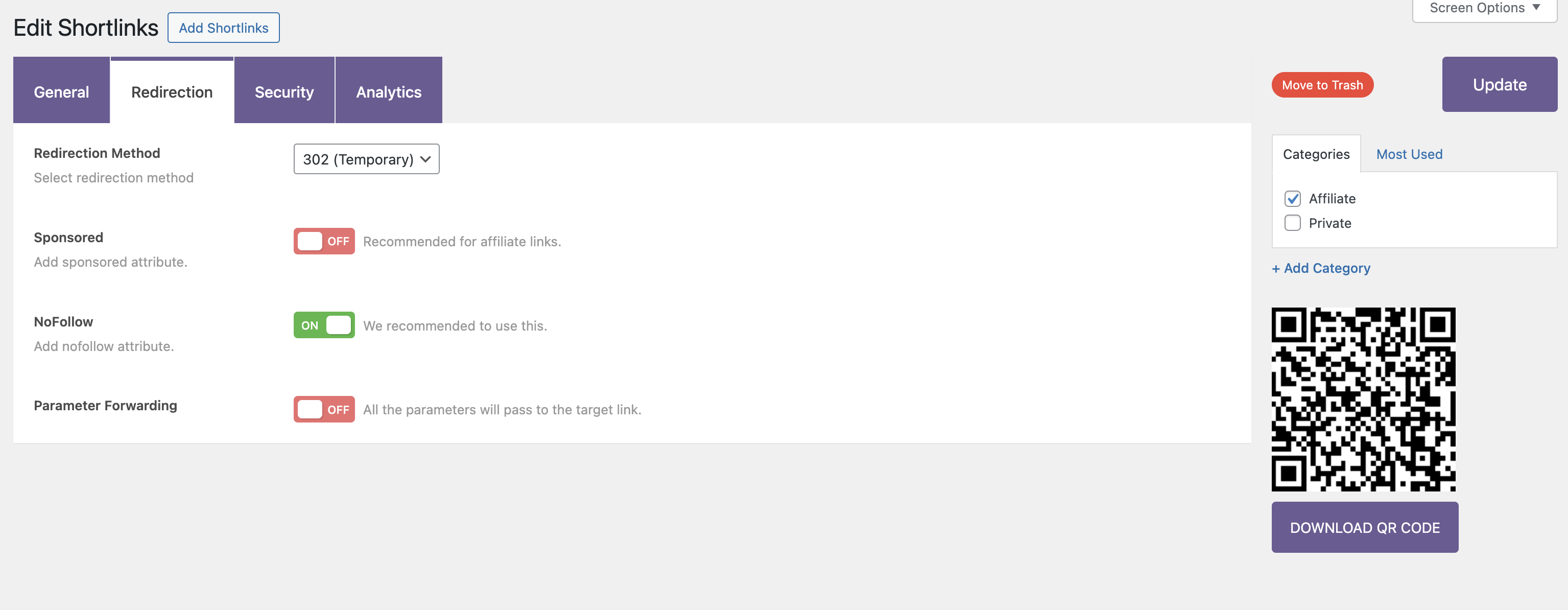 The Redirection tab has settings for the redirection method, no follow, and sponsored options