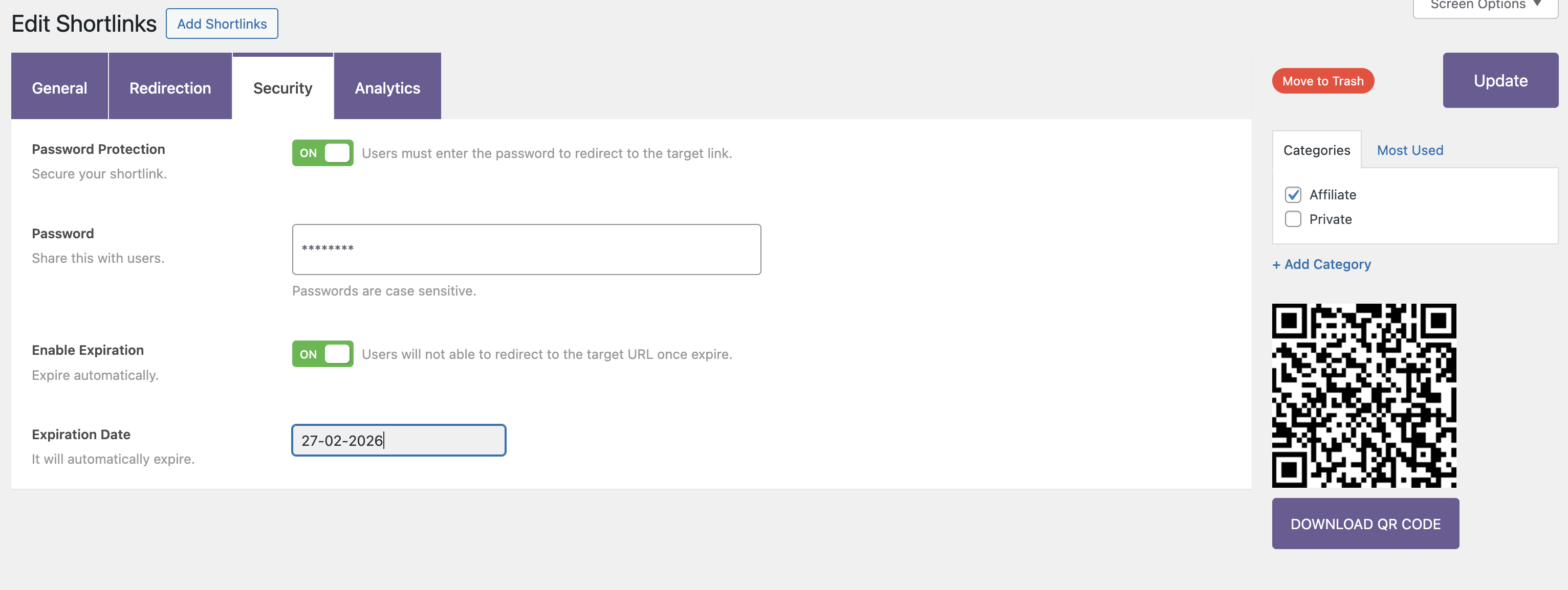 You can password protect your shortlinks and add expiry dates