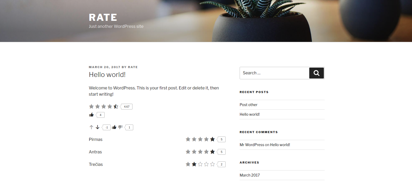 tinyRatings in action on Twenty Seventeen theme