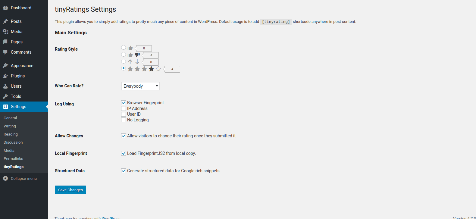 tinyRatings Settings page