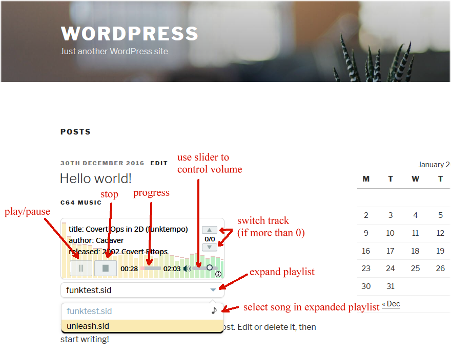 This shows what the widget looks like when embedded within some post (a legend in red has been overlayed).