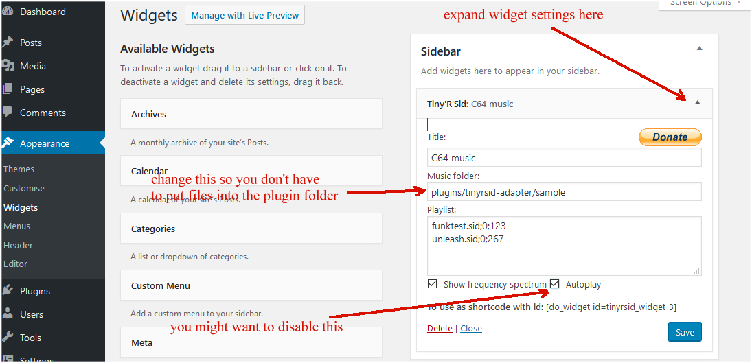 This shows the admin GUI used to configure the widget (a legend in red has been overlayed).