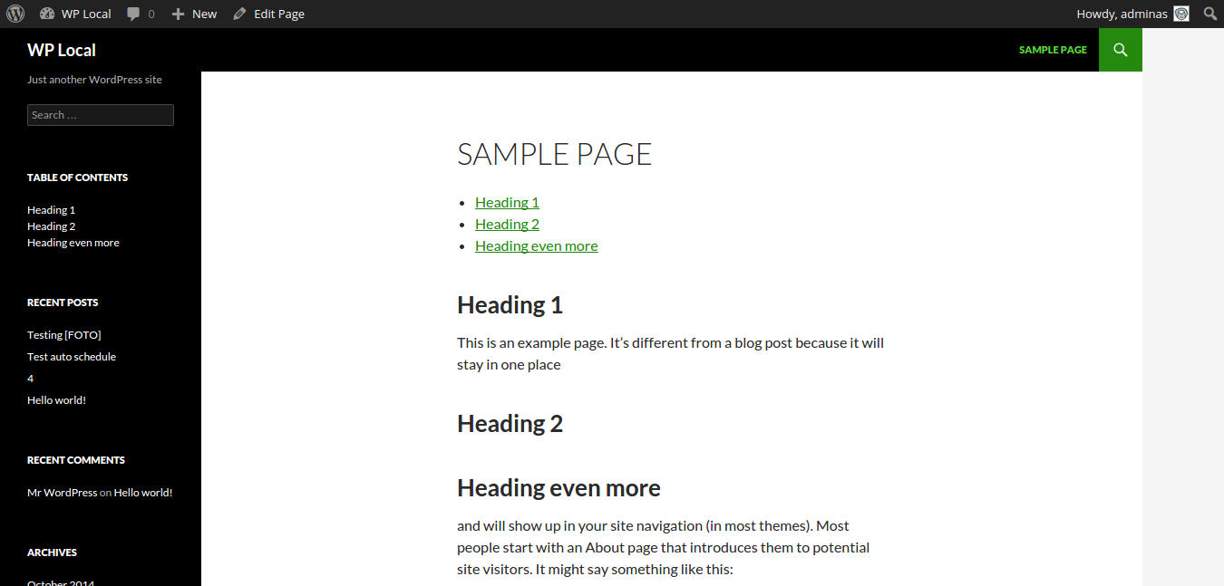 A TOC widget (left) and a TOC above the page content (center) in action in TwentyFourteen theme.