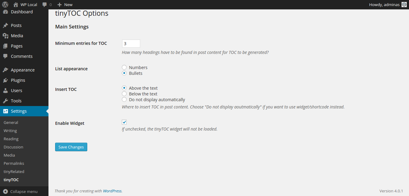 Settings screen.