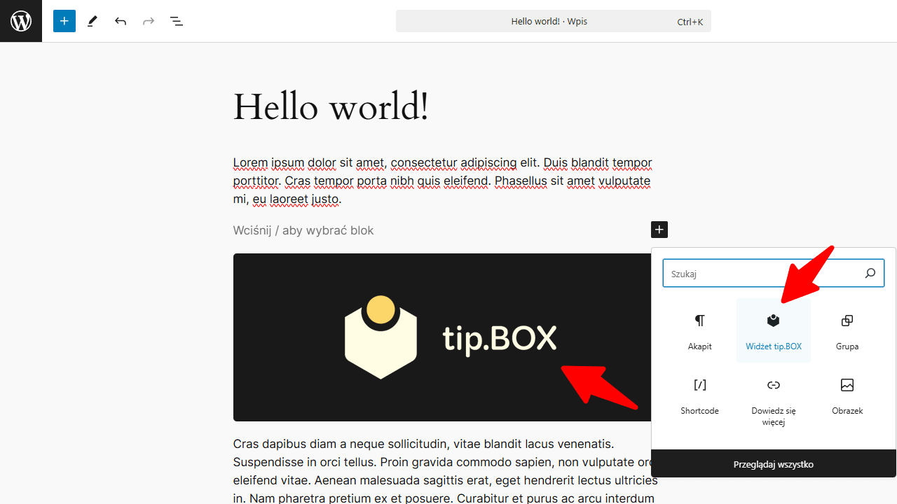 Blok tipbox w edytorze Gutenberg