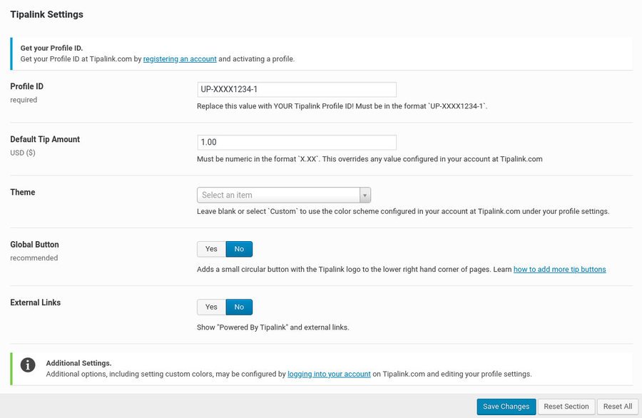 Screenshot of the Tipalink WP Plugin settings page.