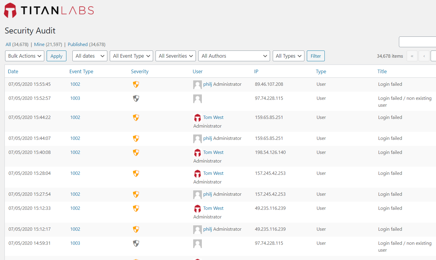 The audit log showing logged events and available filters.