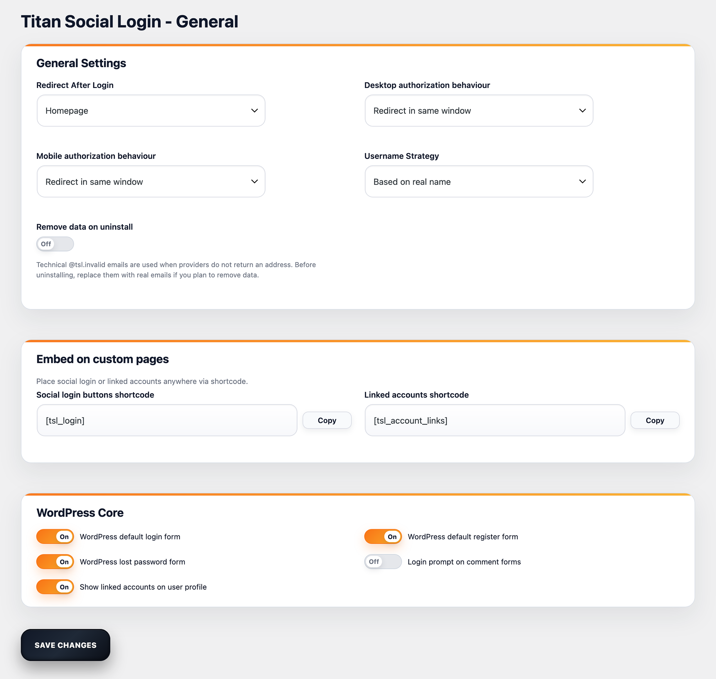 General settings page.