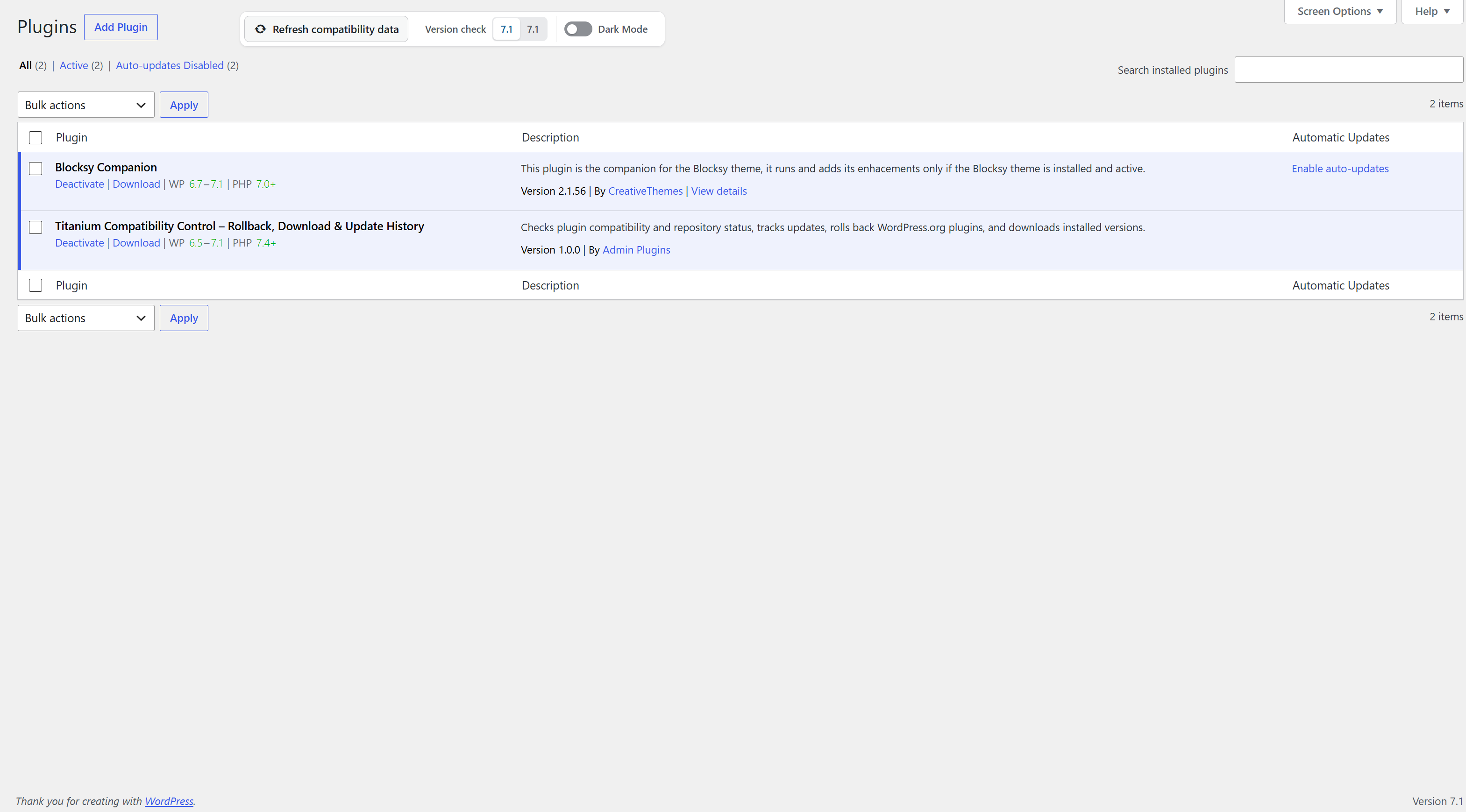WordPress Plugins screen in light mode, showing compatibility ranges for installed plugins and the compatibility data refresh controls.