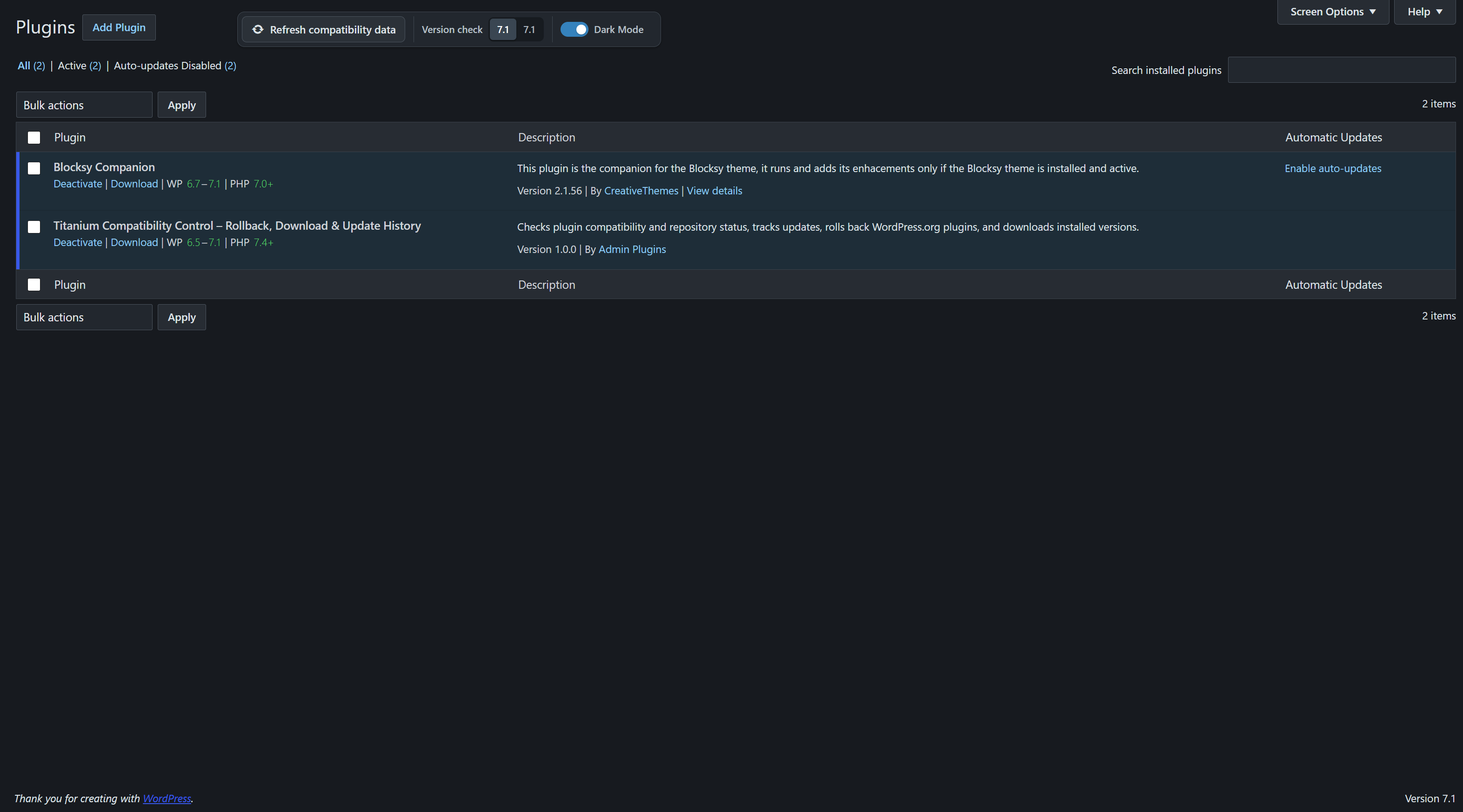 WordPress Plugins screen in dark mode, with compatibility ranges integrated directly into the standard plugin list.