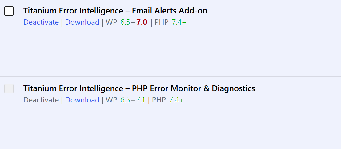 Compatibility status for Titanium plugins, clearly highlighting when the current WordPress version falls outside a plugin's tested range.
