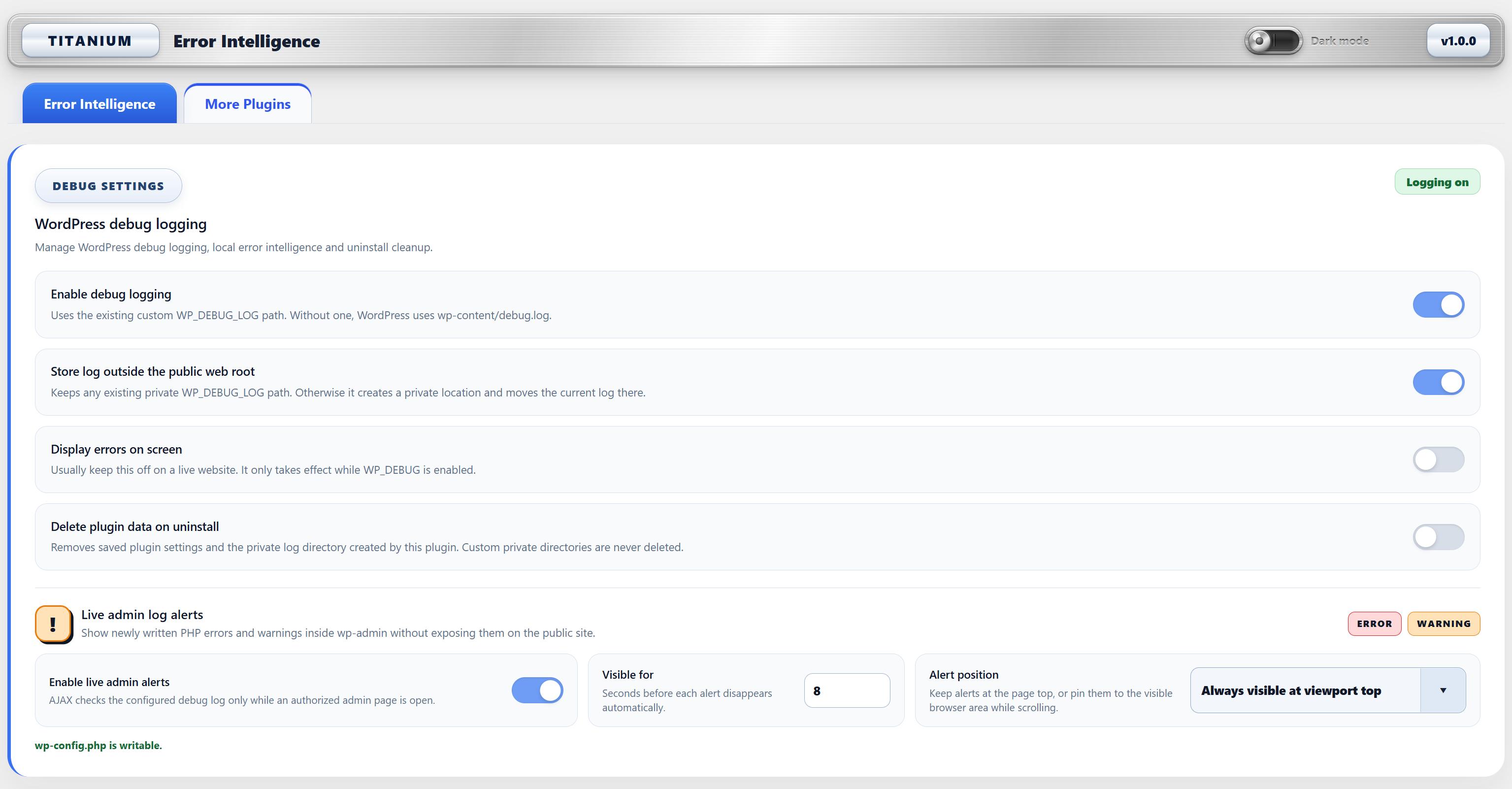 Debug Settings in light mode, including WordPress debug logging, protected log storage, on-screen error display and configurable live admin error alerts.