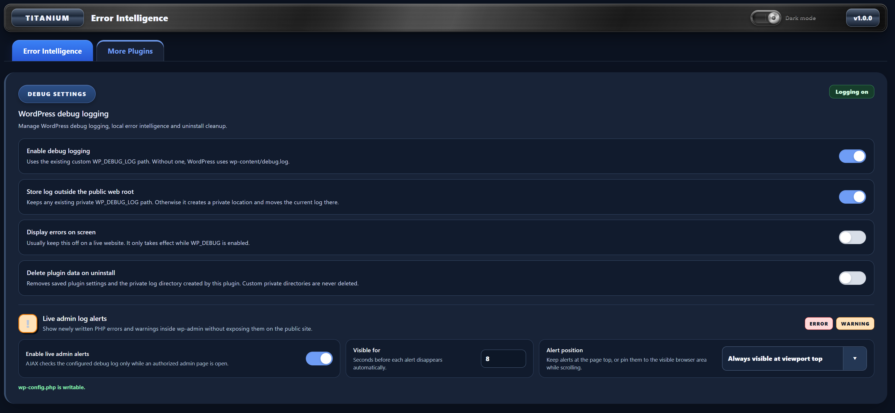 Debug Settings in dark mode with the same logging, storage and live admin alert controls.