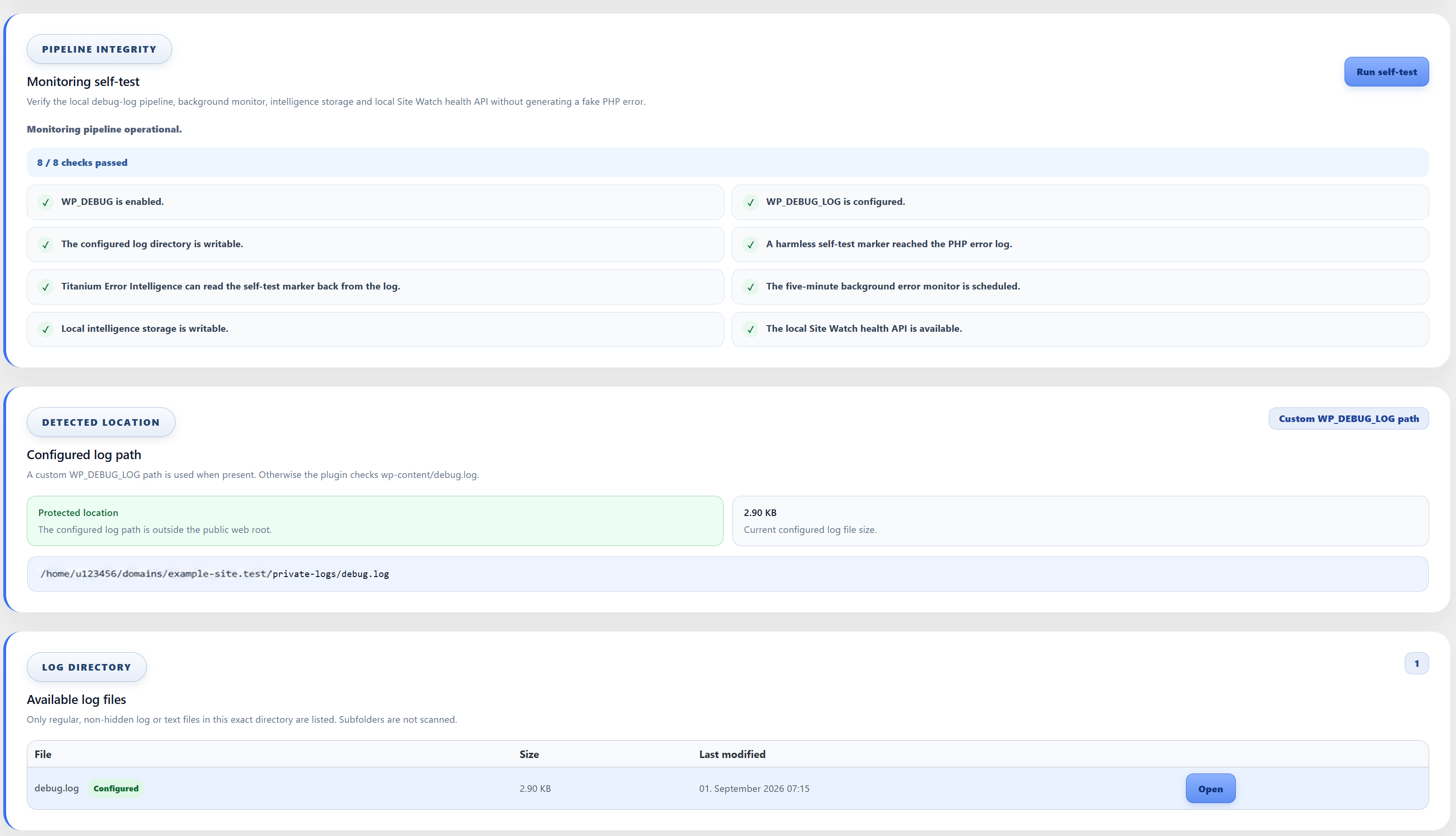 Pipeline Integrity self-test, detected debug log location and log directory overview, showing whether the local monitoring pipeline and required components are operating correctly.
