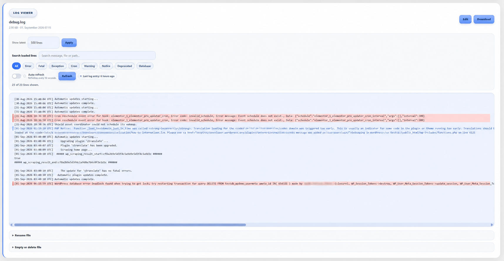 Built-in Log Viewer with line filtering, search, error-type filters, auto-refresh, highlighted log entries and file management controls.