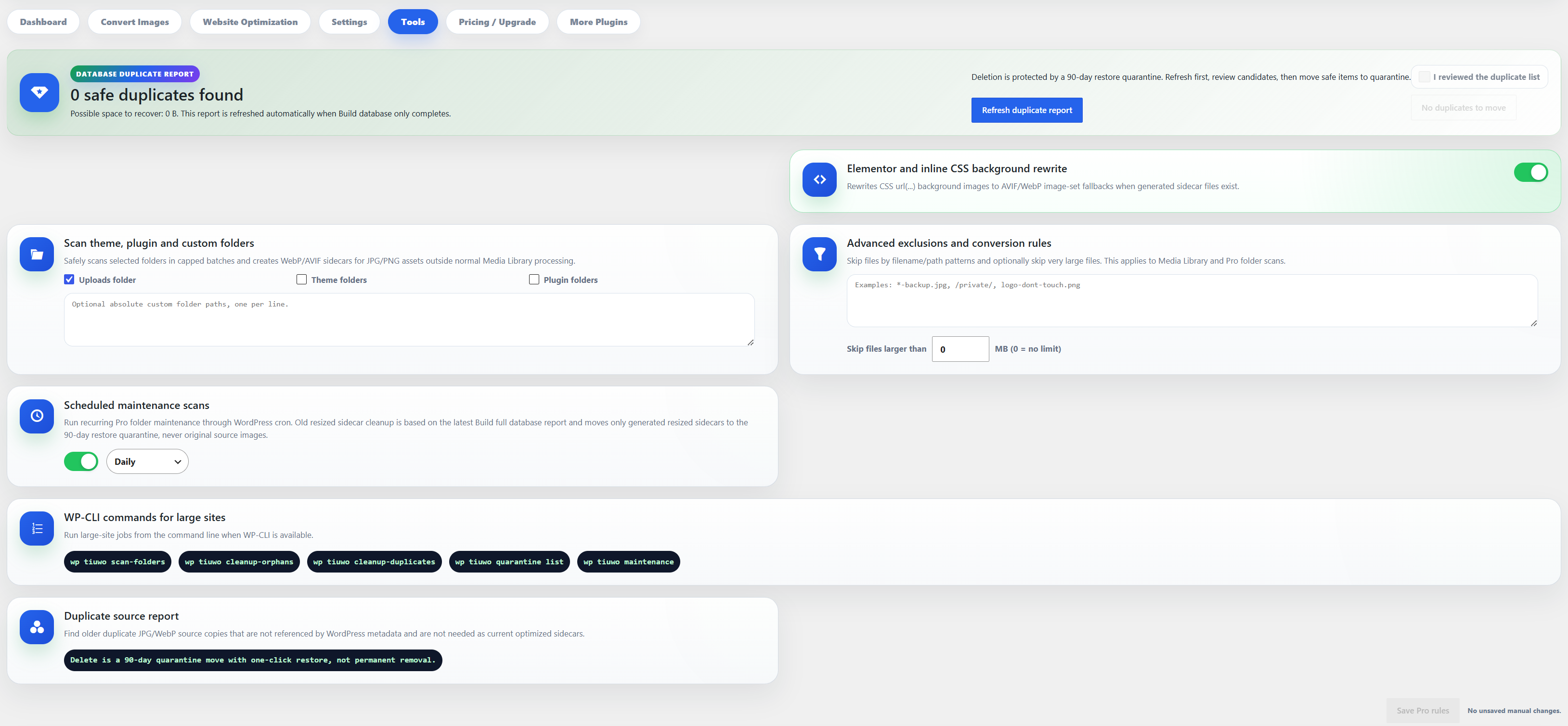 Background optimization queue with live progress, completed task statistics, and a detailed result breakdown.