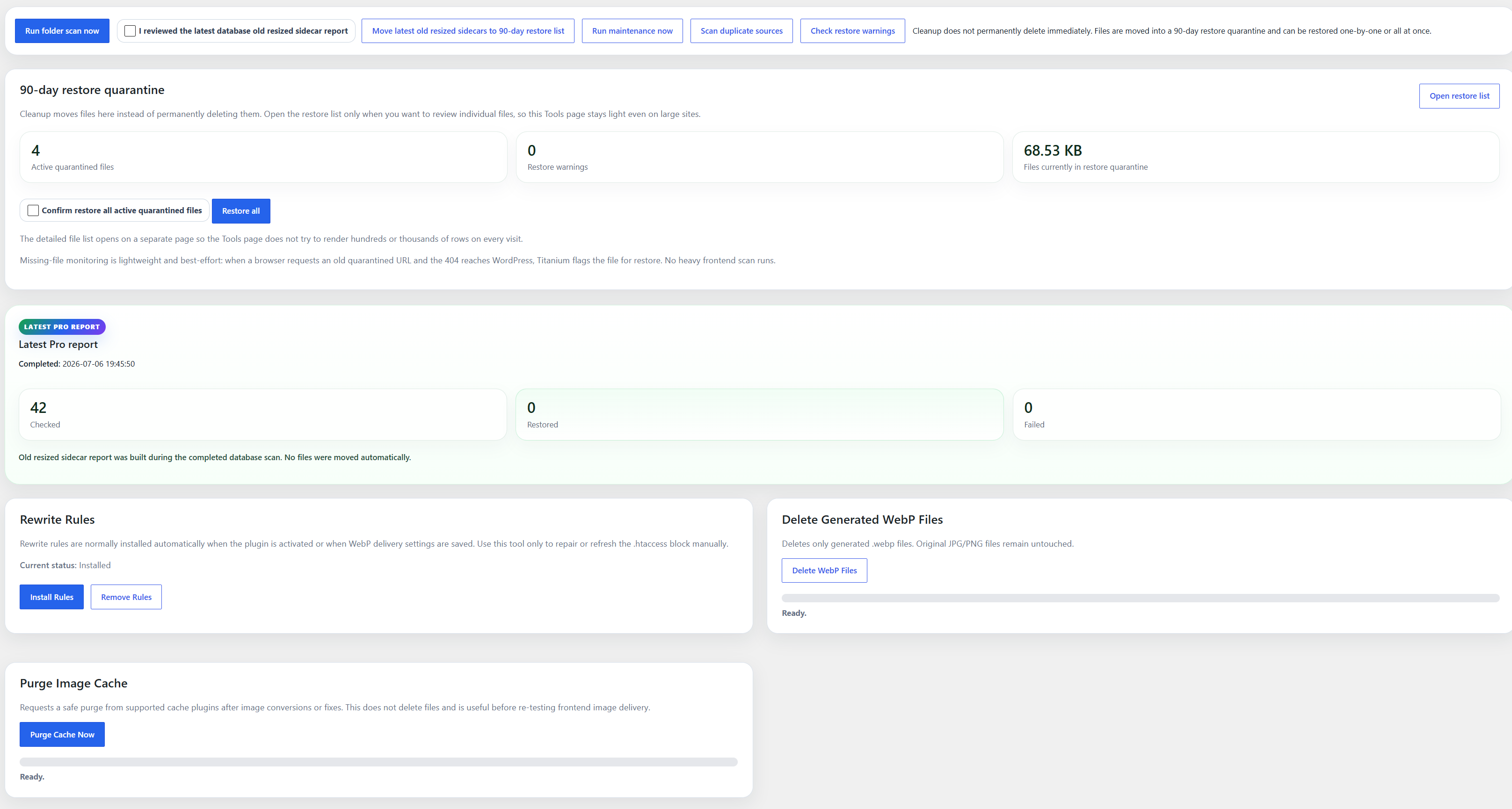 Beginner-friendly one-click full optimization with server-load control and confirmation for long-running tasks.