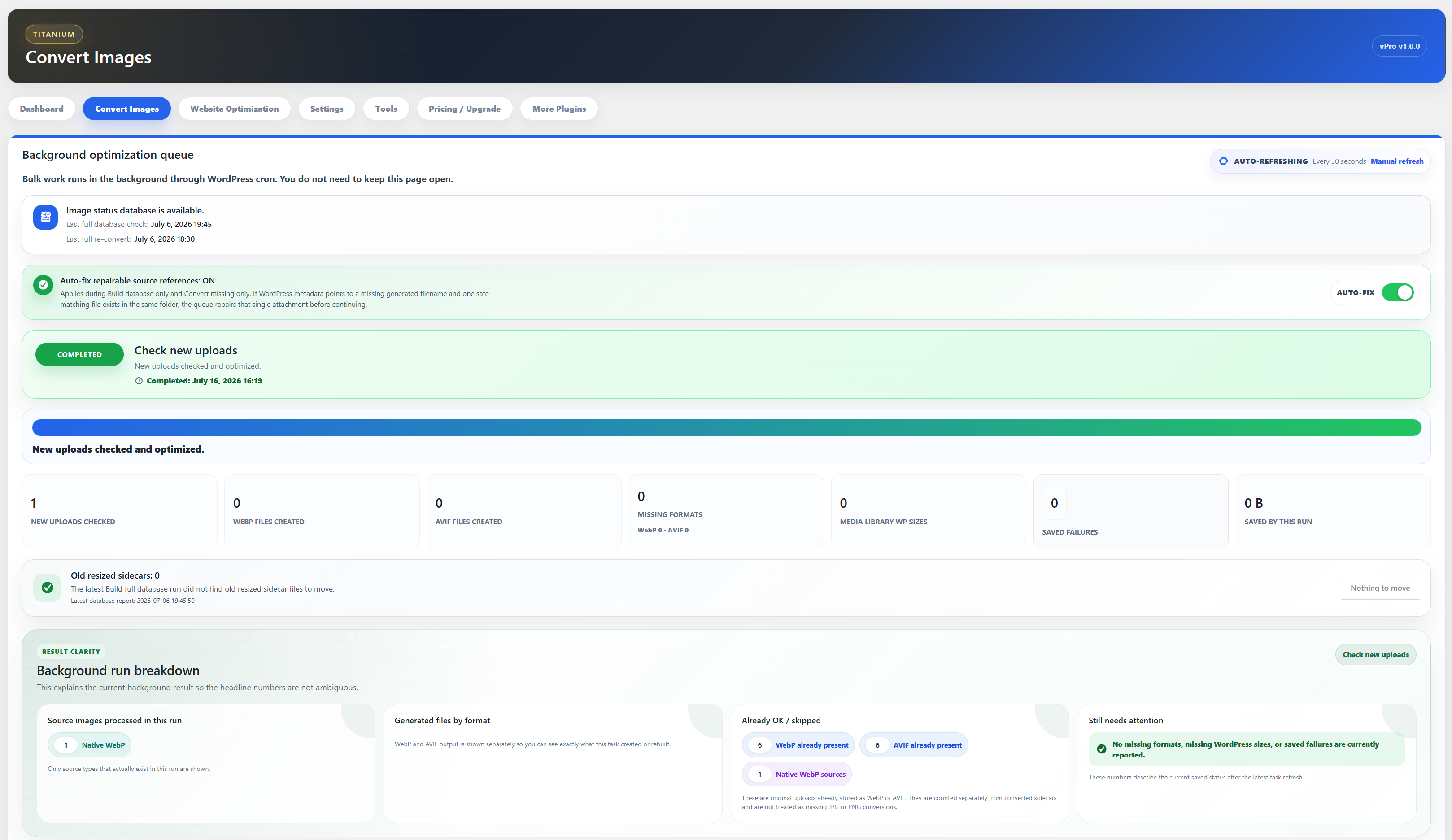 Advanced queue modes for database checks, new uploads, missing image sizes, targeted conversion, retries, and complete rebuilds.