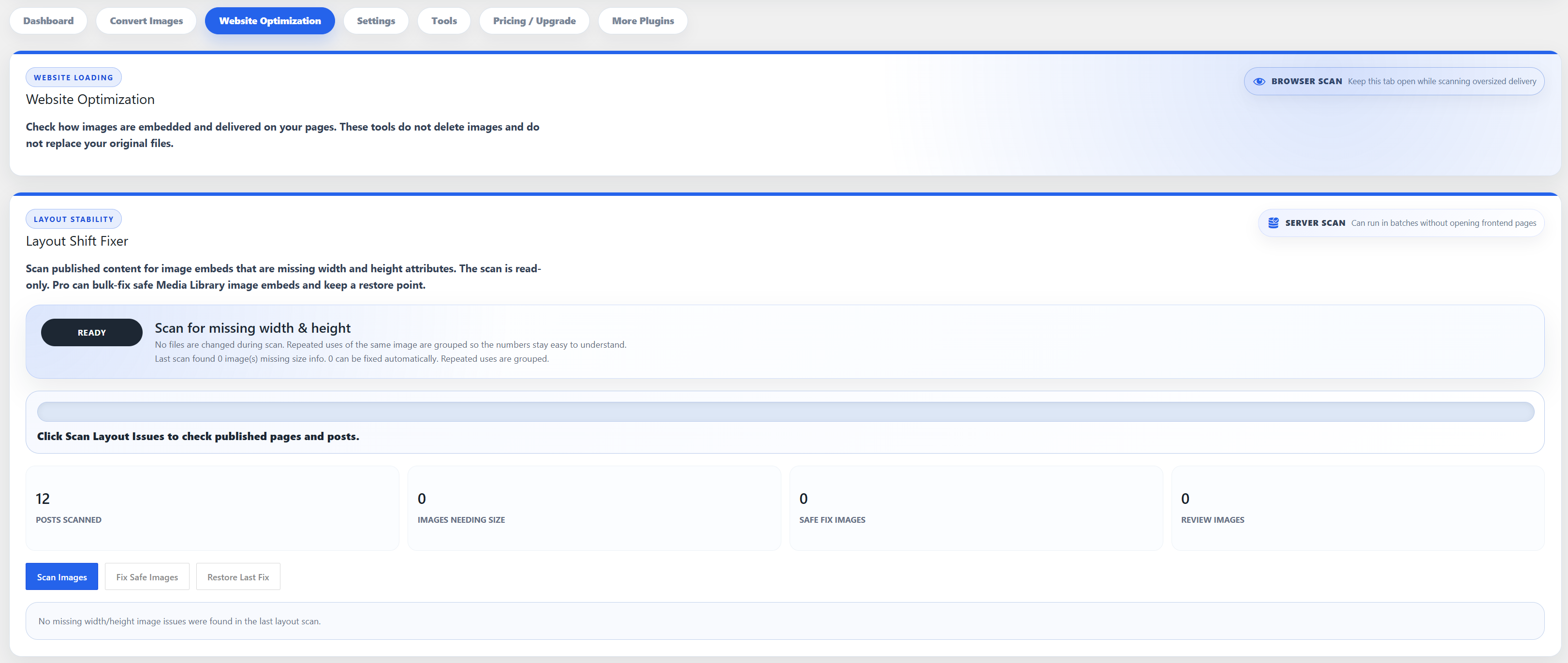 Pro preview: Image Site Report with selectable checks for performance, broken images, image SEO, product images, social previews, and large uploads.