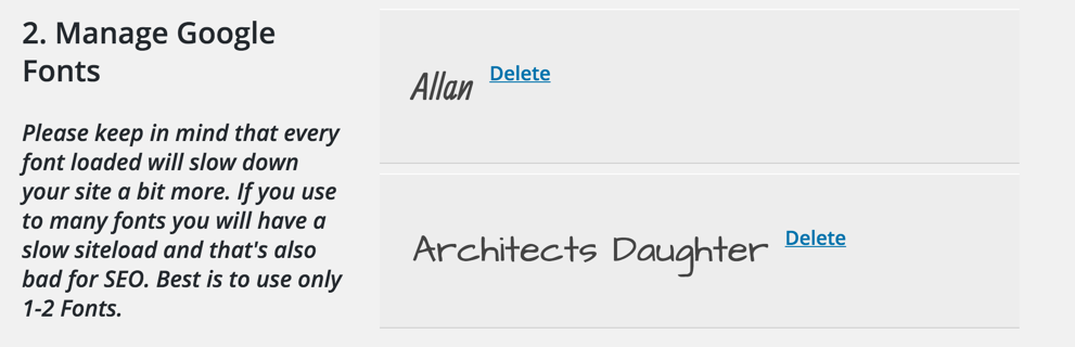 The TK Google Fonts - Manage Fonts