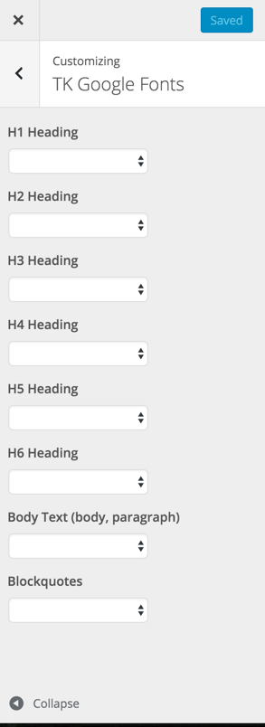 The TK Google Fonts - Customizer options