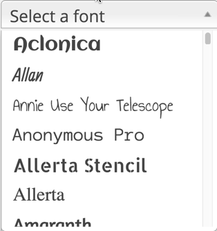 The TK Google Fonts Admin Settings Panel - Select a Font with preview