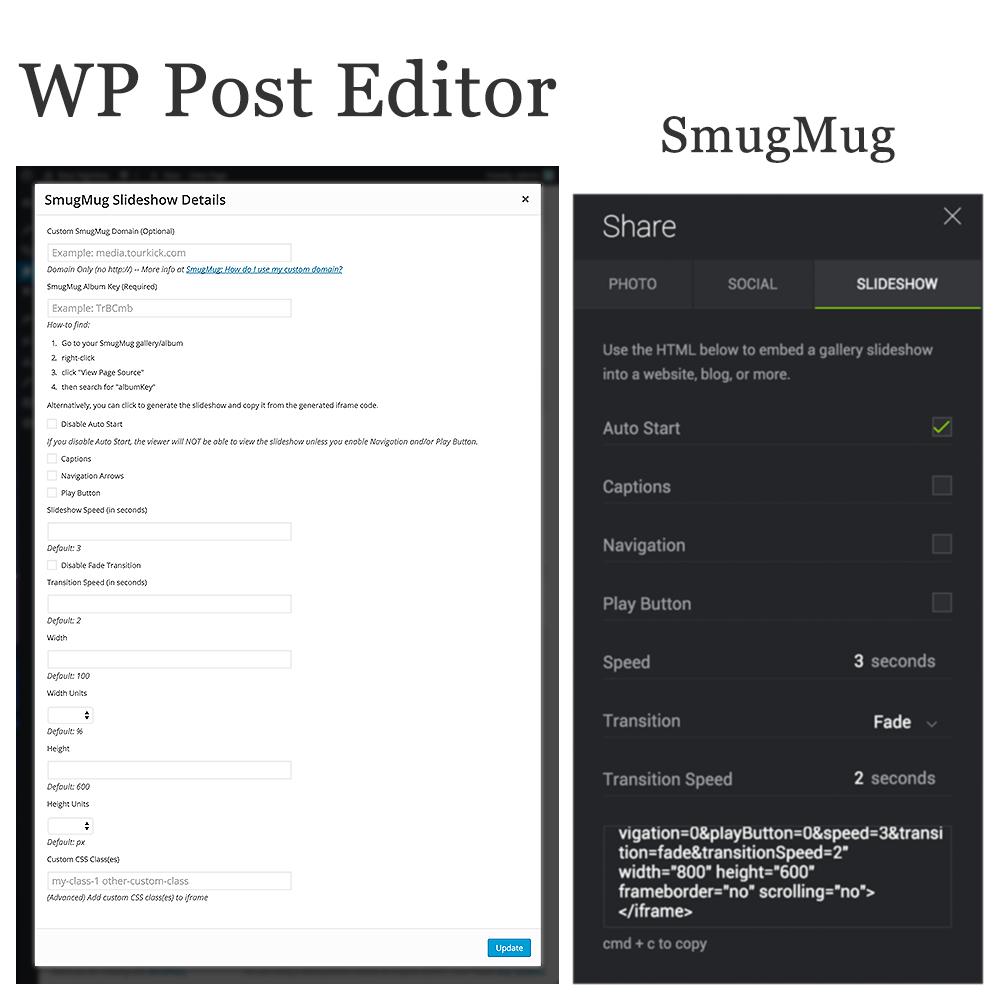 Shortcode vs SmugMug slideshow generators